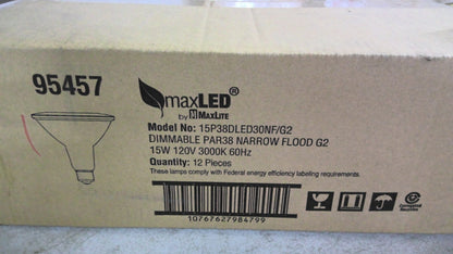MAXLITE 95457 BOX OF 12 DIMMABLE PAR38 NARROW FLOOD G2 LAMPS 15P38DLED30NF/G2