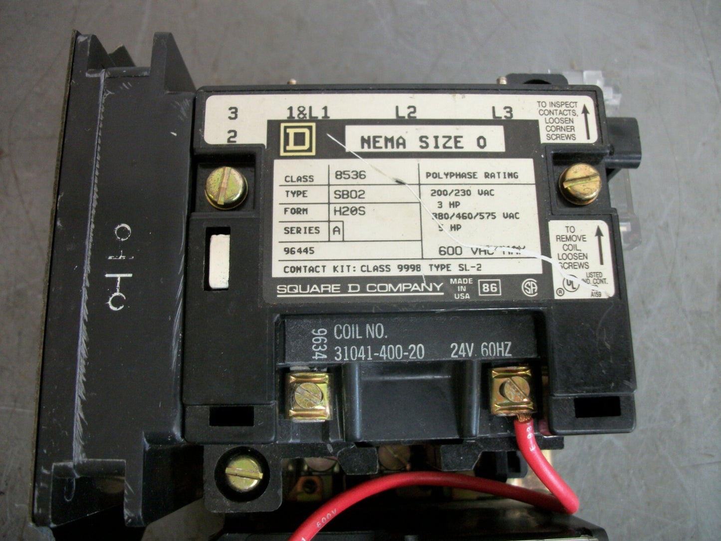 SQUARE D SIZE 0 MOTOR STARTER 8536SBO2H20S 24VCOIL 3PH 600V 5HP W/ML L.N.C.