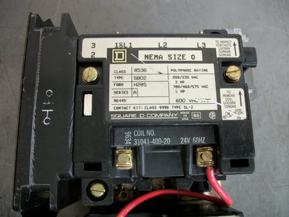 SQUARE D SIZE 0 MOTOR STARTER 8536SBO2H20S 24VCOIL 3PH 600V 5HP W/ML L.N.C.