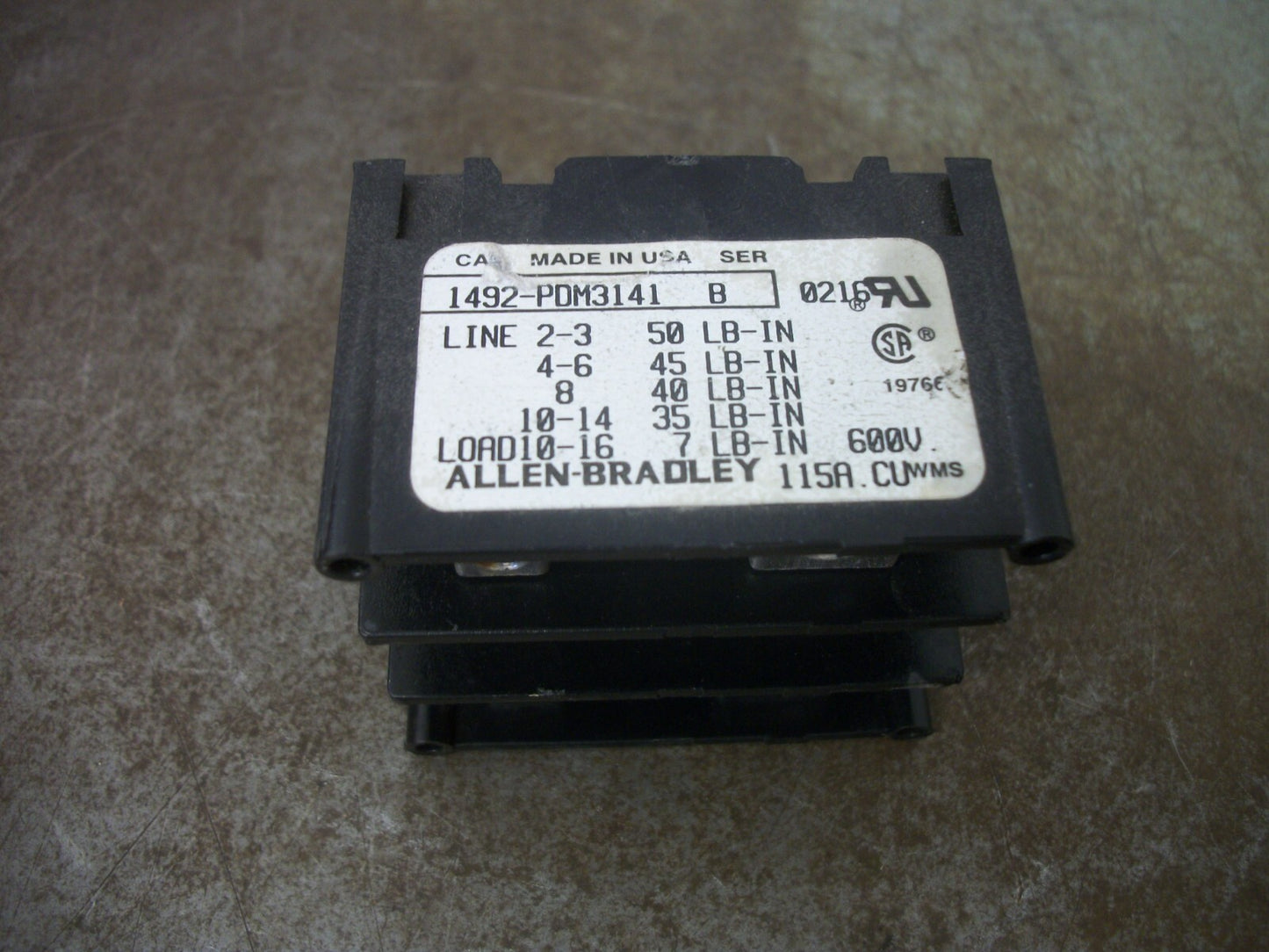 ALLEN-BRADLEY POWER TERMINAL BLOCK 1492-PDM3141 115AMP 600VOLT 3POLE NOB