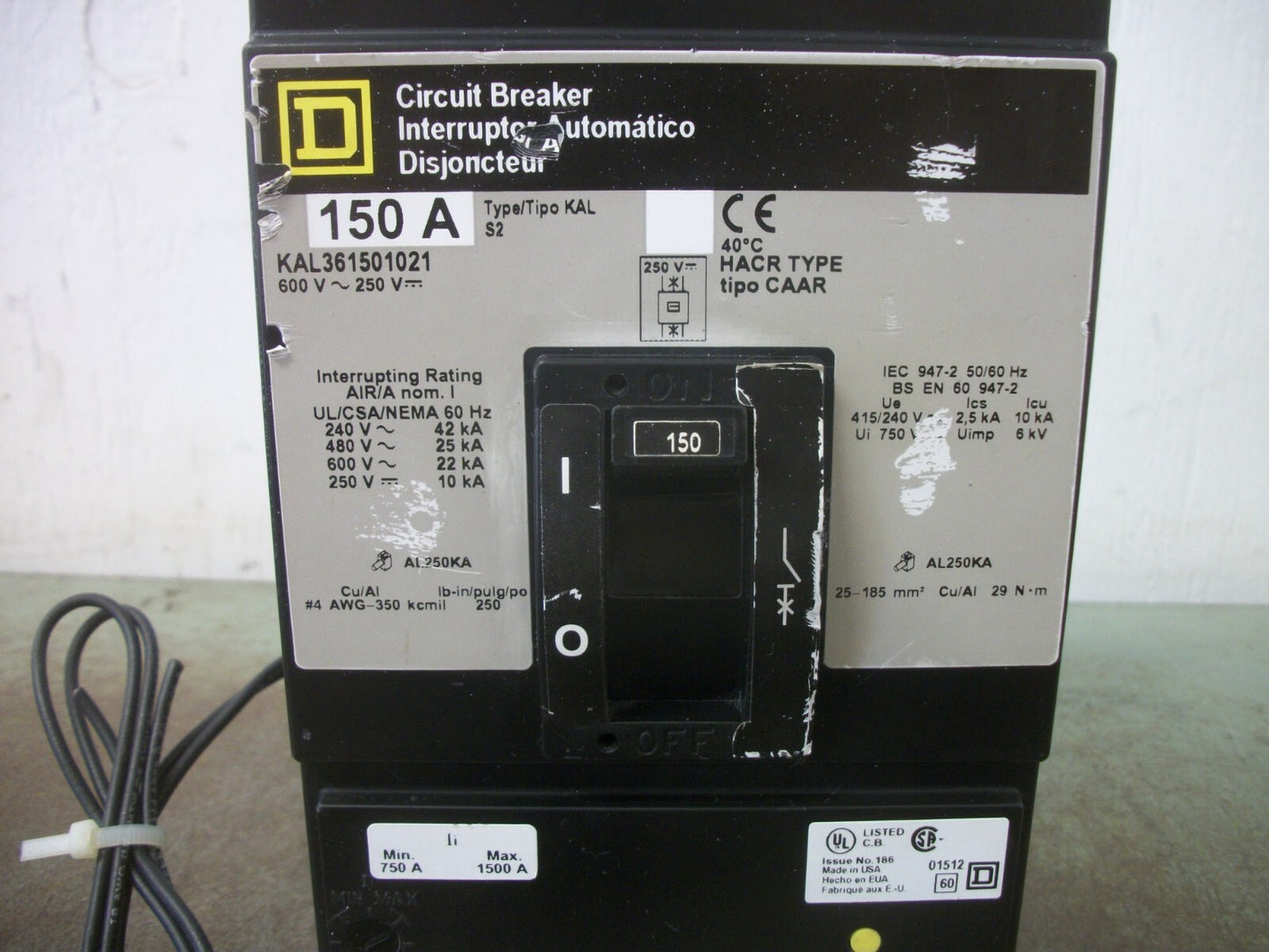 SQUARE D KAL CIRCUIT BREAKER KAL361501021 150AMP 600VOLT 3POLE GRAY W/SHUNT