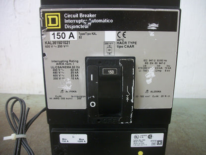 SQUARE D KAL CIRCUIT BREAKER KAL361501021 150AMP 600VOLT 3POLE GRAY W/SHUNT