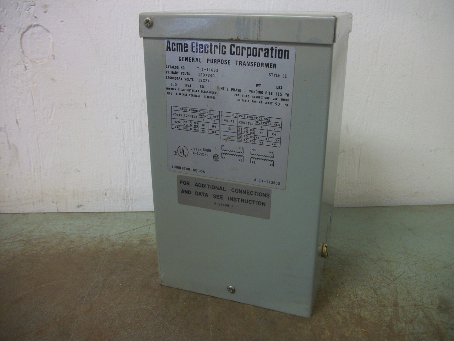 ACME 1KVA 1PH TRANSFORMER T-1-11683 HV 120X240 LV 12X24 NOB