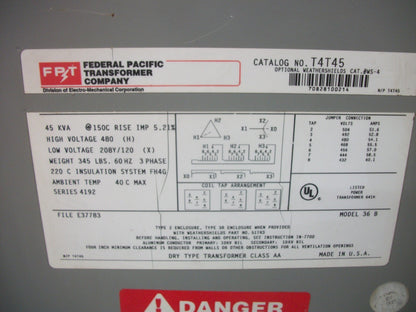 FEDERAL PACIFIC 45KVA 3PH TRANSFORMER T4T45 HV 480 LV 208Y/120