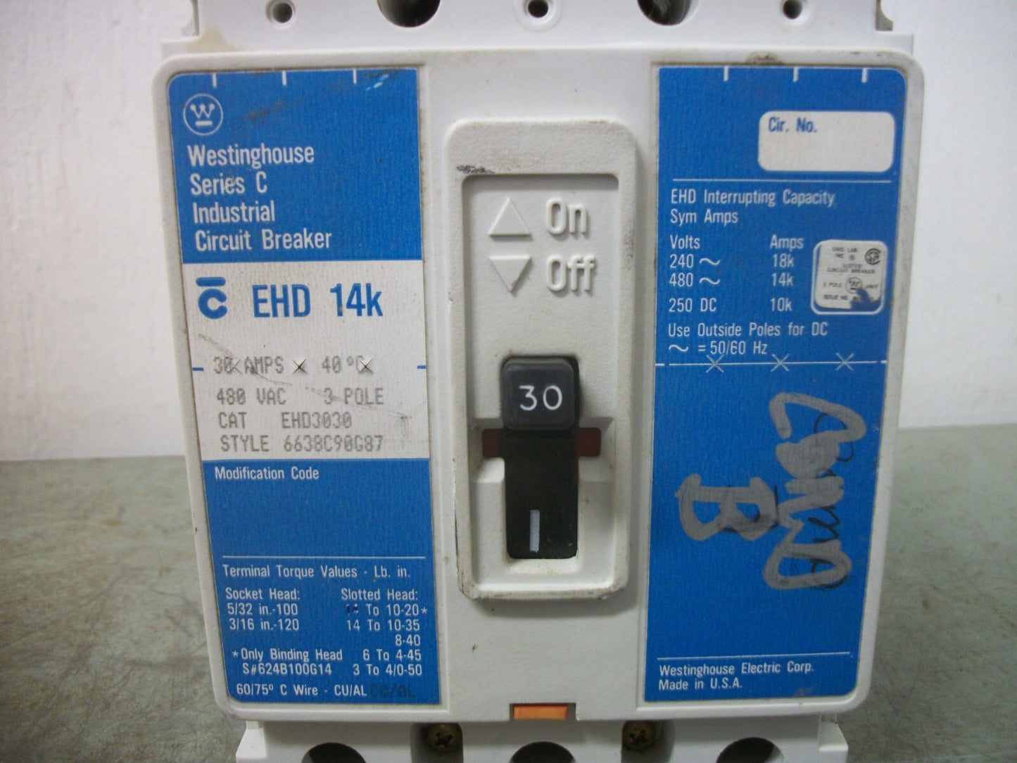WESTINGHOUSE EHD CIRCUIT BREAKER EHD3030 30AMP 480VOLT 3POLE BLUE