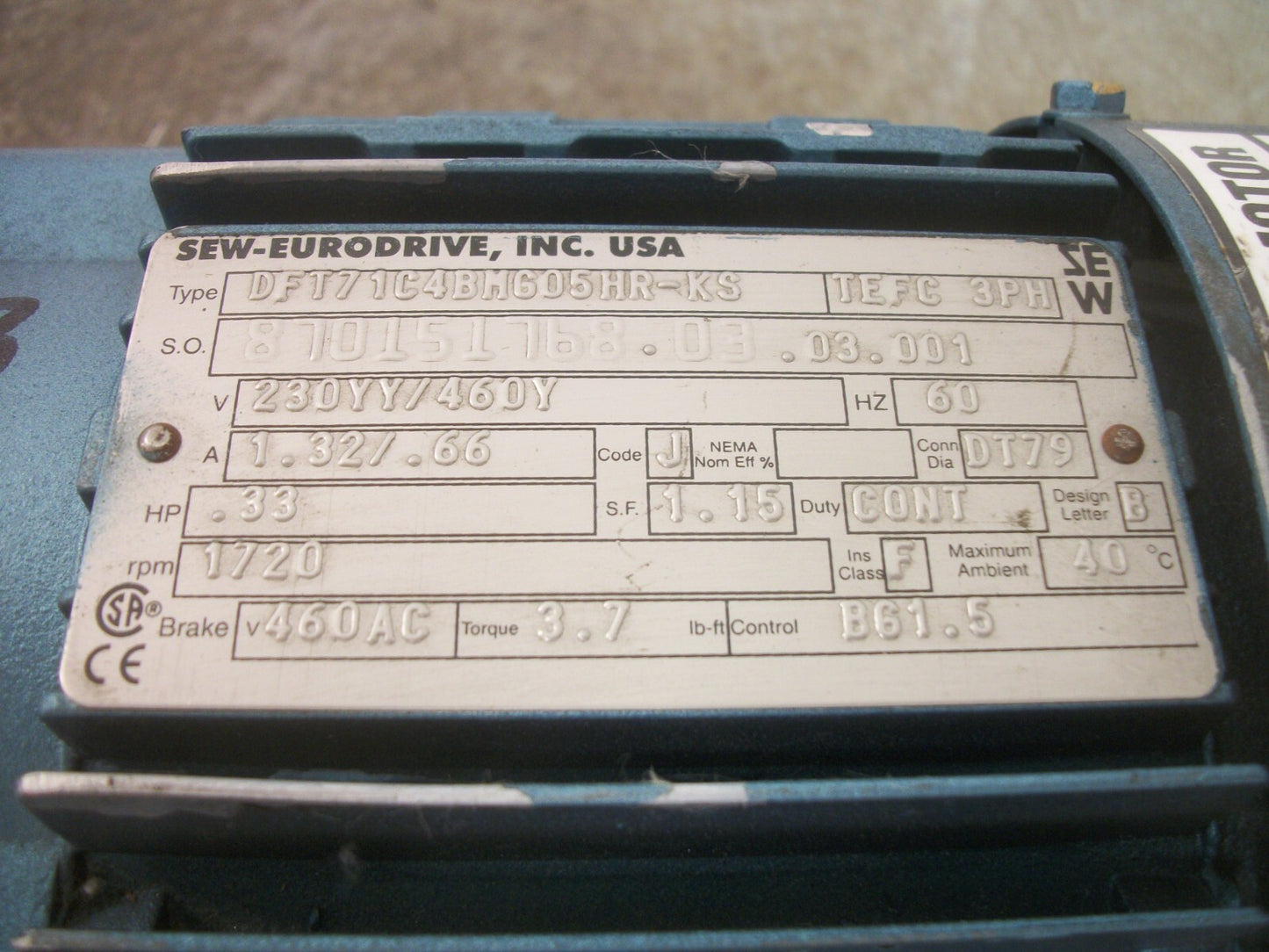 SEW EURODRIVE .33HP TEFC AC GEARMOTOR DFT71C4BM605HR-KS 460VOLT 3PH 1720RPM