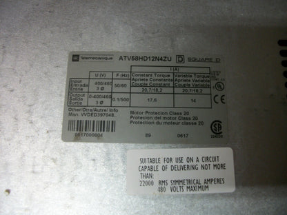 TELEMECANIQUE ALTIVAR 58 TRX AC DRIVE ATV58HD12N4ZU 460VOLT 3PH 17.6AMP
