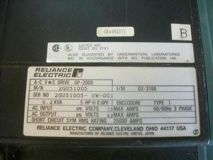 RELIANCE A-C VS 5HP AC DRIVE 2GU5105 575VOLT 6.2AMP