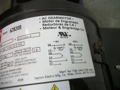 DAYTON 1/6HP 28:1 RATIO AC GEARMOTOR 6Z820B 230VOLT 1PH NOB