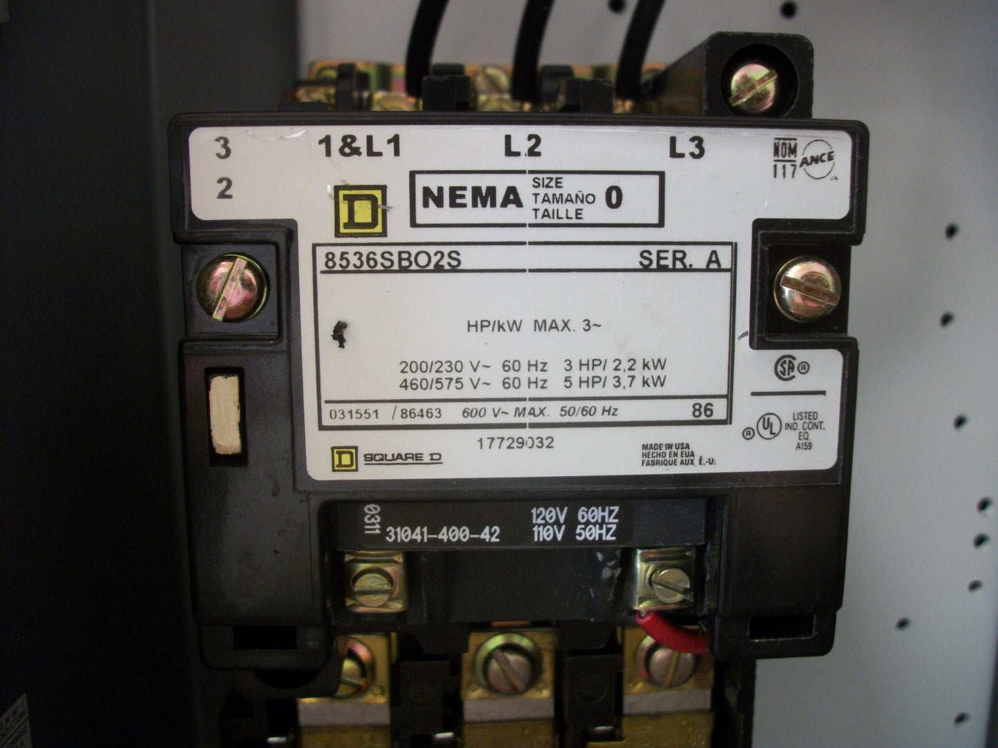 SQUARE D STARTER COMBO SIZE 0 TYPE 1 8536SBO2S 120VCOIL 600V 3PH 30AMP FUSIBLE