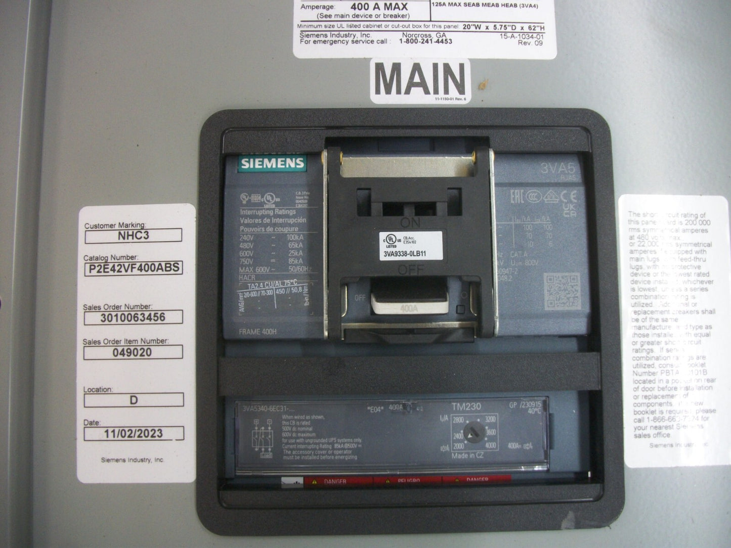 SIEMENS P2 PANELBOARD INTERIOR 400AMP 480Y/277VOLT 3PH W/400A MAIN NIB