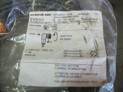 IFM EFECTOR 10METER CORDSET EVS006 AWG 24 250VOLT 4AMP NEW