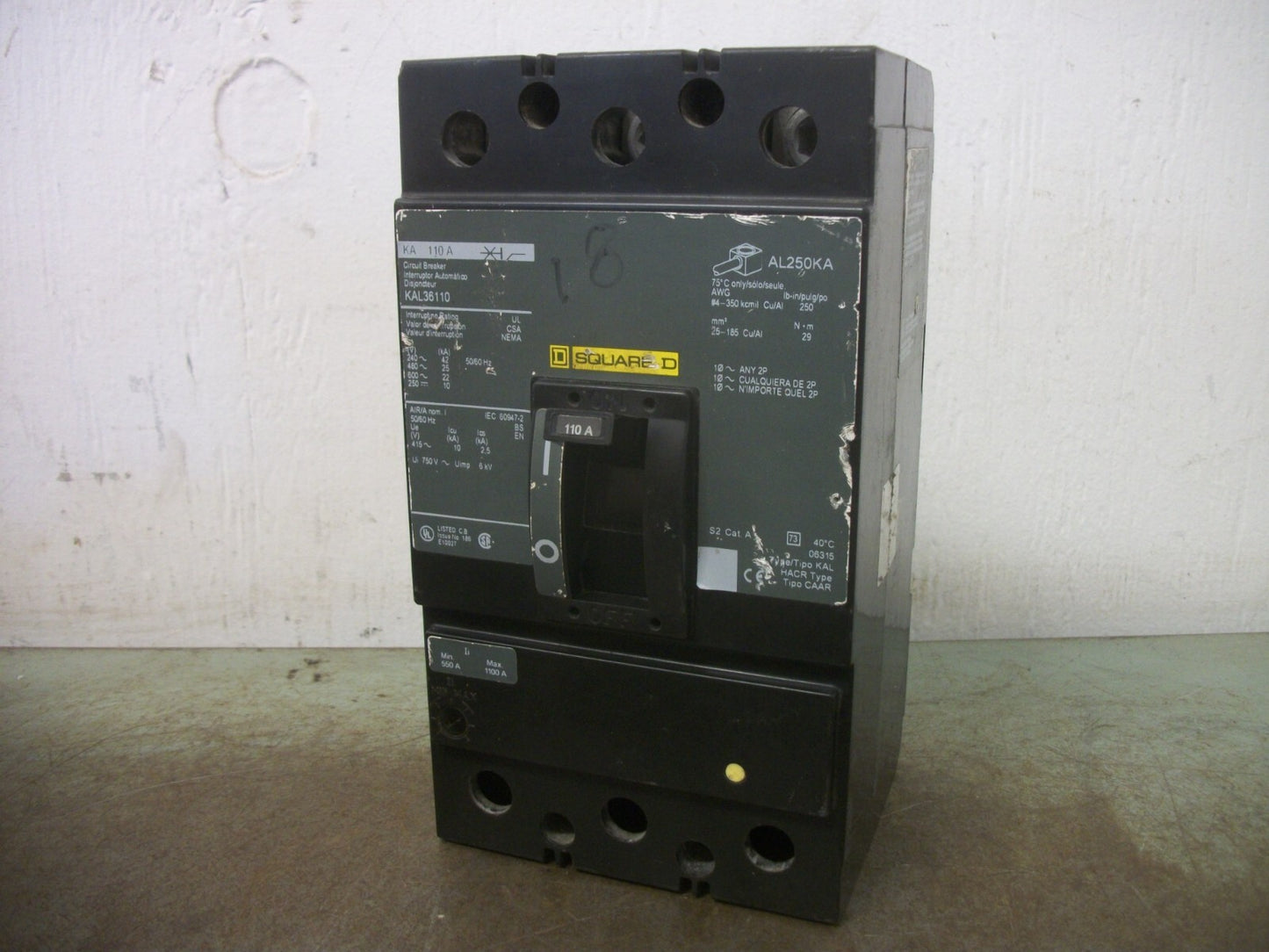 SQUARE D KAL CIRCUIT BREAKER KAL36110 110AMP 600VOLT 3POLE GREEN