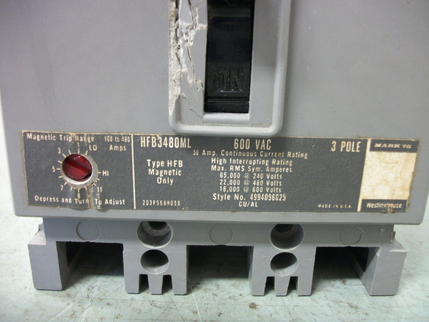 WESTINGHOUSE HFB CIRCUIT BREAKER HFB3480ML 50AMP 600VOLT 3POLE CHIPPED