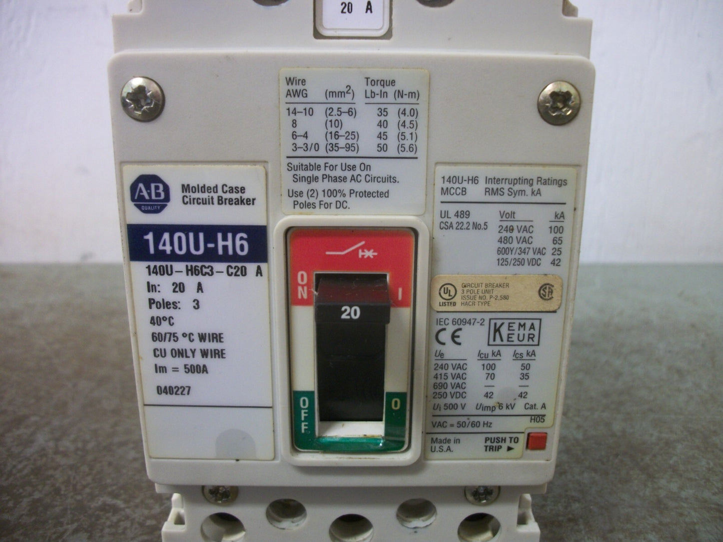ALLEN-BRADLEY 140U-H6 CIRCUIT BREAKER 140U-H6C3-C20 A 20AMP 600VOLT 3POLE