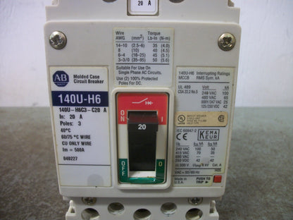 ALLEN-BRADLEY 140U-H6 CIRCUIT BREAKER 140U-H6C3-C20 A 20AMP 600VOLT 3POLE