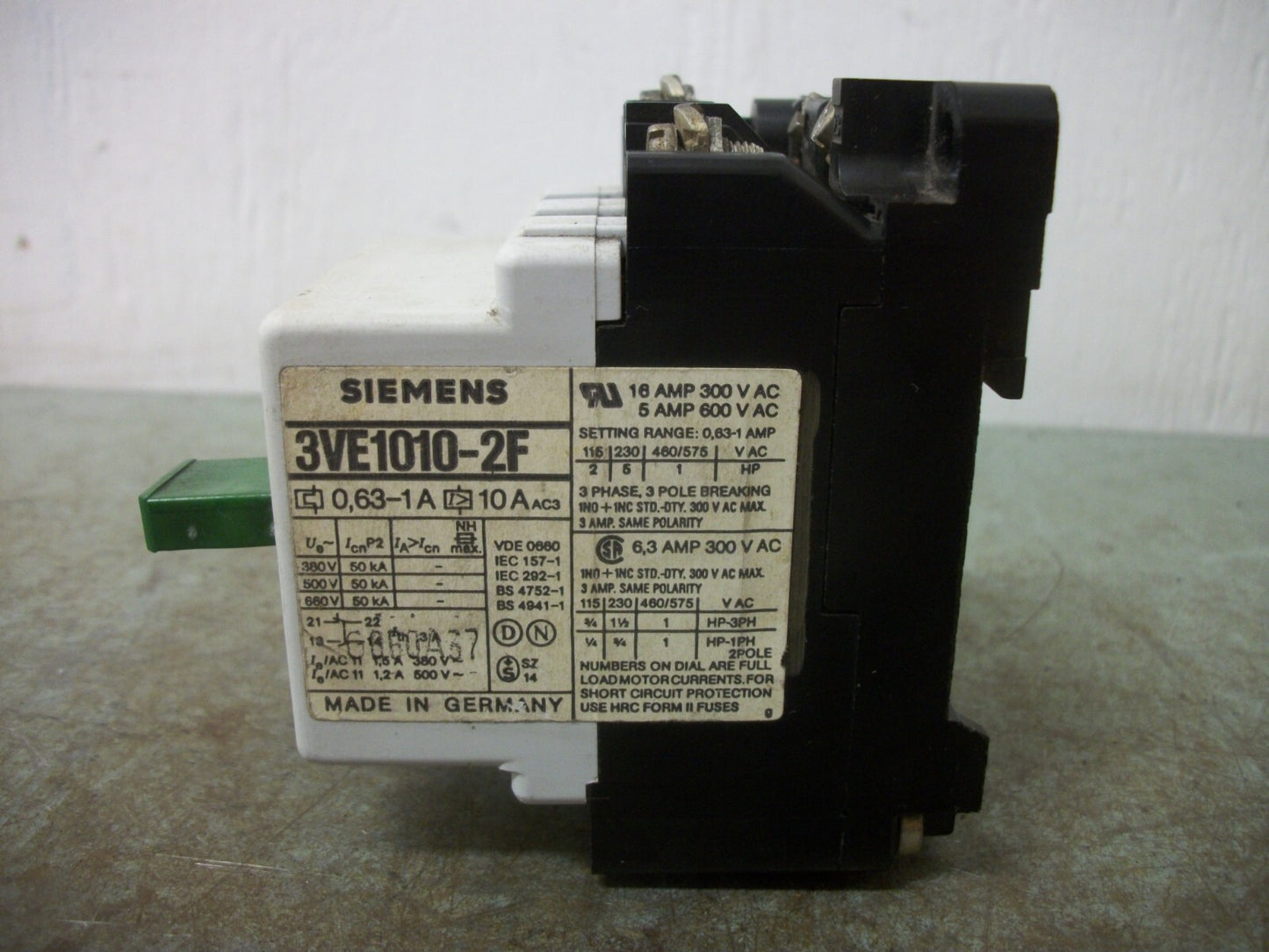 SIEMENS MANUAL MOTOR STARTER 3VE1010-2F 0.63-1AMP