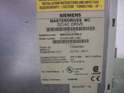 SIEMENS MASTERDRIVES MC DC/AC DRIVE 6SE7014-0TP50-Z 510-650VDC 0-380-480VAC