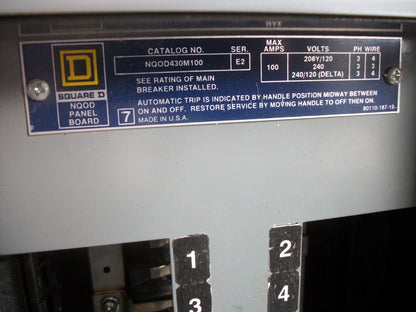 SQUARE D NQOD LOAD CENTER PANELBOARD NQOD430M100 100AMP 208Y/120/240VOLT