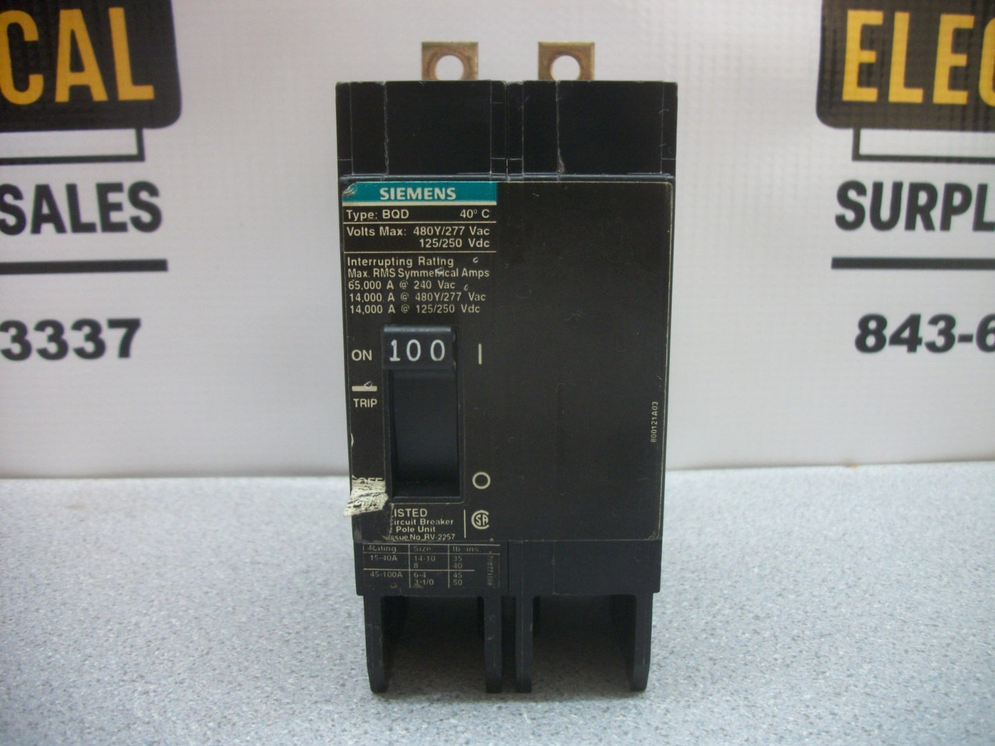 SIEMENS BQD CIRCUIT BREAKER BQD2100 100AMP 480VOLT 2POLE