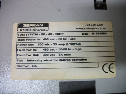 AMICON TYPACT GEFRAN 20HP DC DRIVE TPY3A-88-4B-20HP 460VAC 500VDC 35AMP