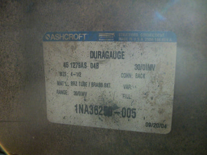 ASHCROFT DURAGAUGE 4-1/2" PRESSURE GAUGE 1NA36250-005 0-30PSI NIB