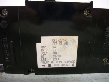 HEINEMANN CF3-233-1 CIRCUIT BREAKER CF3-G8-AB 54AMP 480VOLT 3POLE NOB