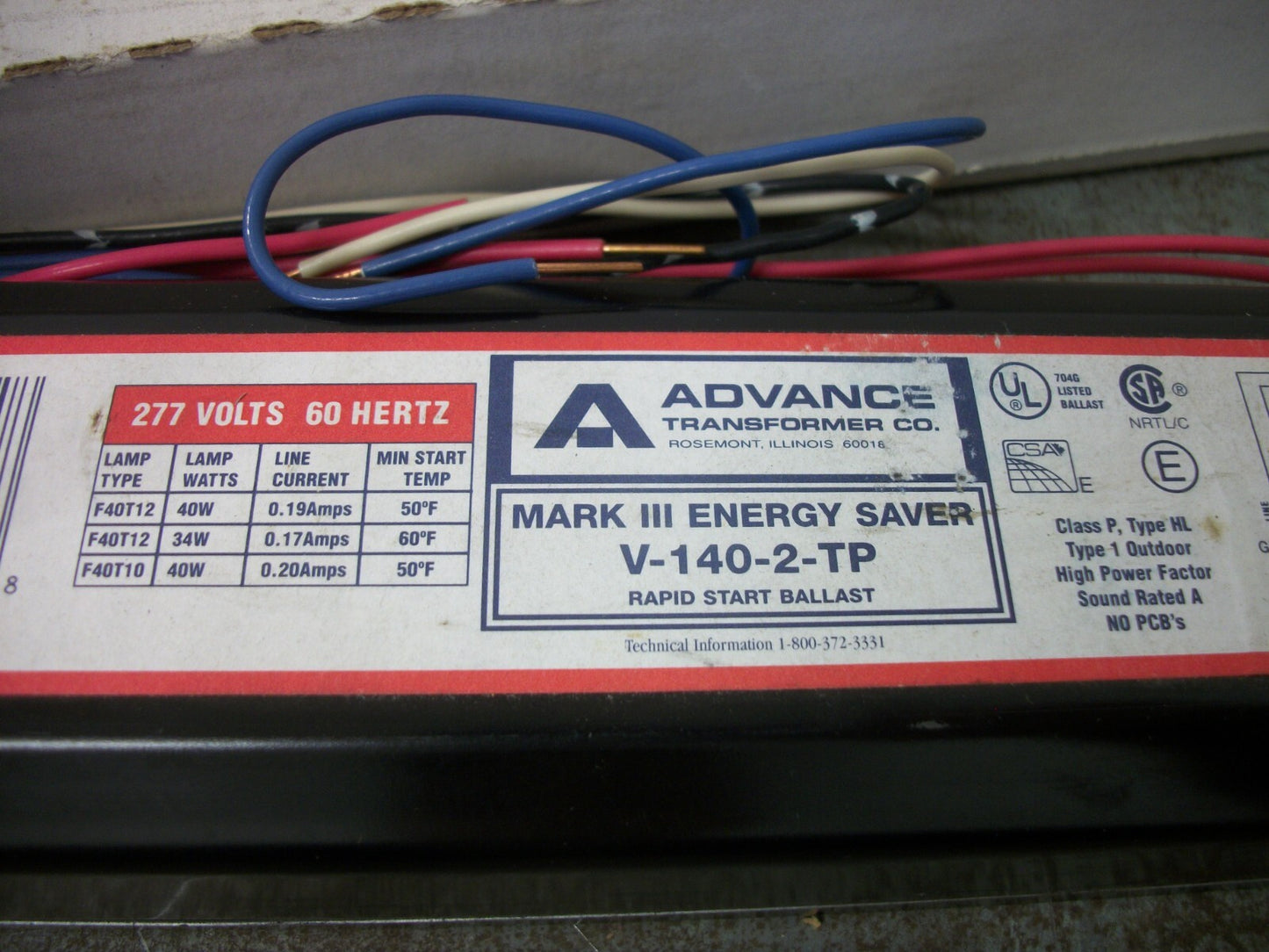 ADVANCE V-140-2-TP RAPID START BALLAST V-140-TP 277VOLT NIB