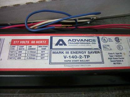ADVANCE V-140-2-TP RAPID START BALLAST V-140-TP 277VOLT NIB