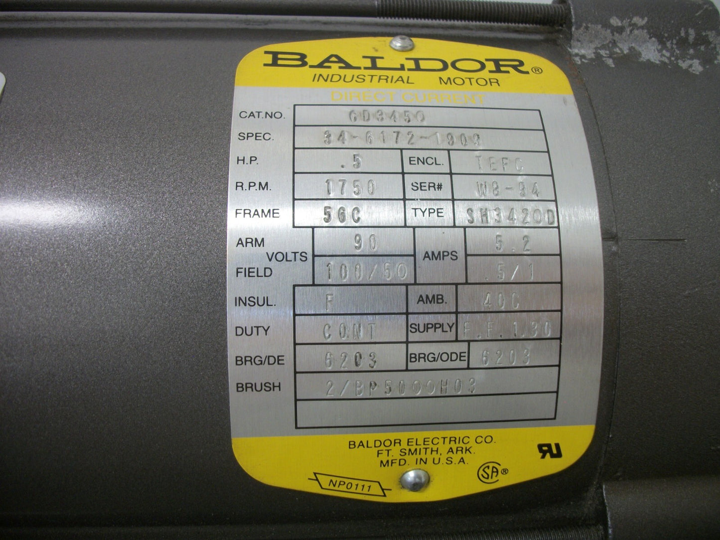 BALDOR .5HP 56C TEFC DC MOTOR CD3450 90V ARM 100/50V FIELD 1750RPM NOB