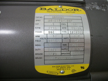 BALDOR .5HP 56C TEFC DC MOTOR CD3450 90V ARM 100/50V FIELD 1750RPM NOB