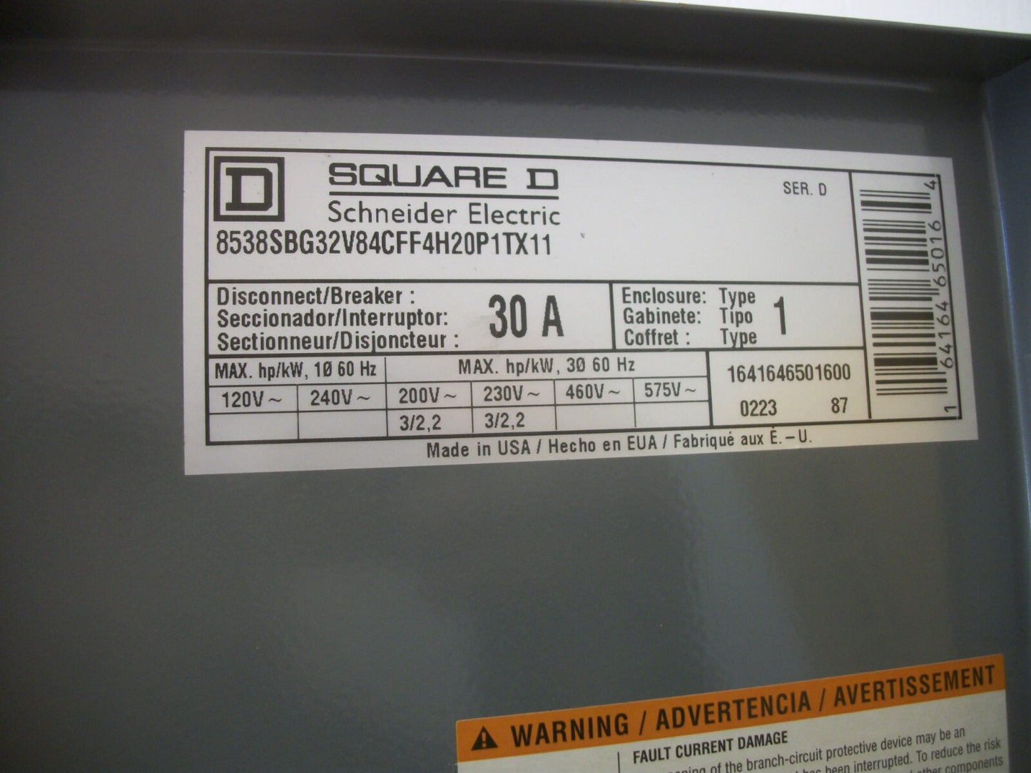 SQUARE D STARTER COMBO SIZE 0 8536SBO2H20S 120VCOIL 30AMP FUSIBLE MOTORLOGIC NOB