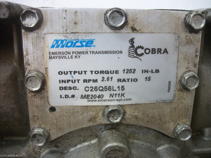 MORSE COBRA 15:1 RATIO GEAR BOX SPEED REDUCER C26Q56L15 2.61RPM