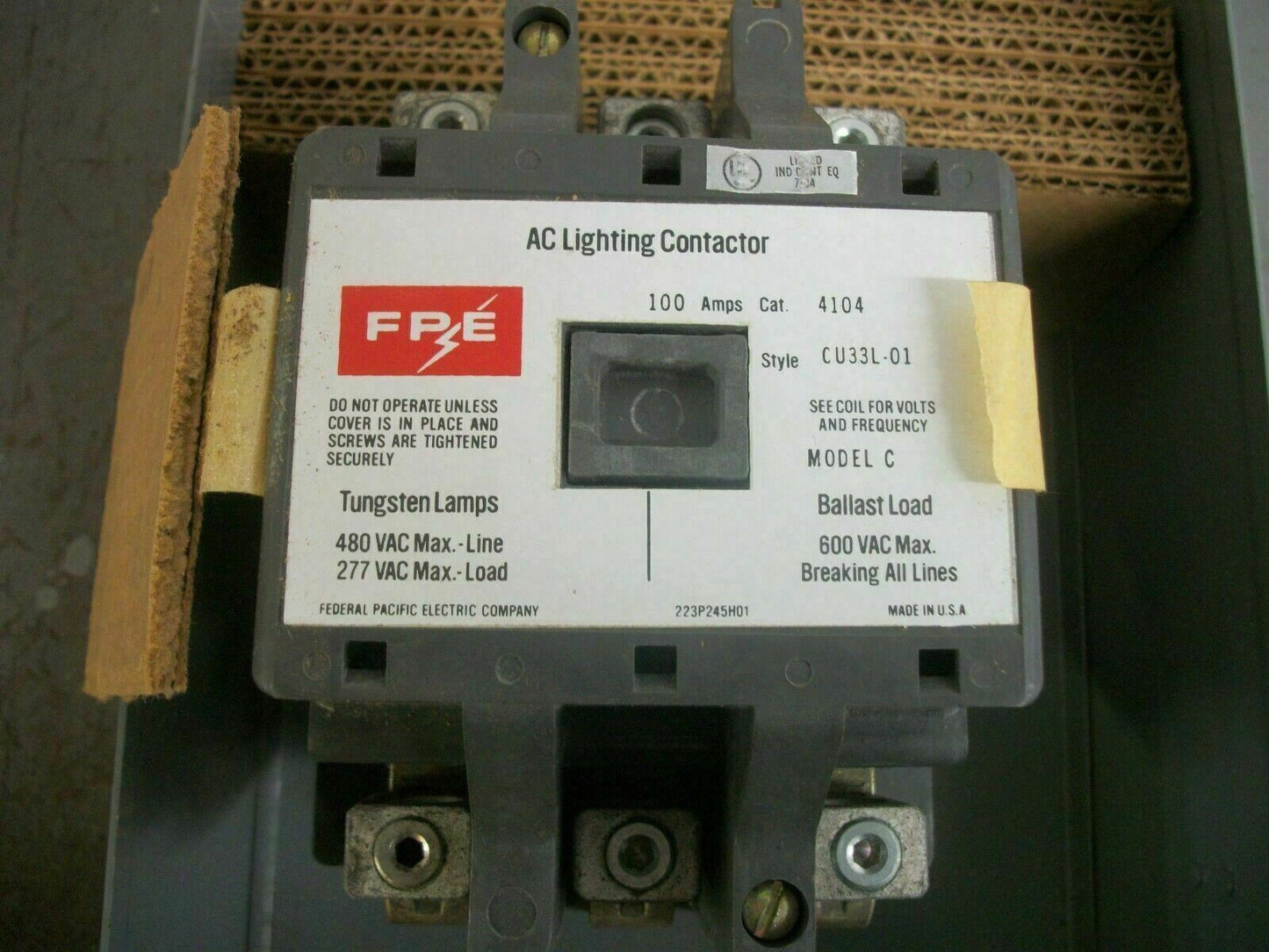 FEDERAL PACIFIC ENCL 100AMP LIGHTING CONTACTOR TYPE 1 4104 CU33L-01 120VCOIL NOB