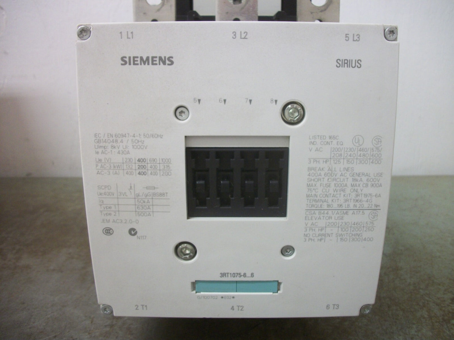 SIEMENS SIRIUS CONTACTOR 3RT1075-6AF36 400AMP 127VCOIL 3PH 600V 400HP CHIPPED