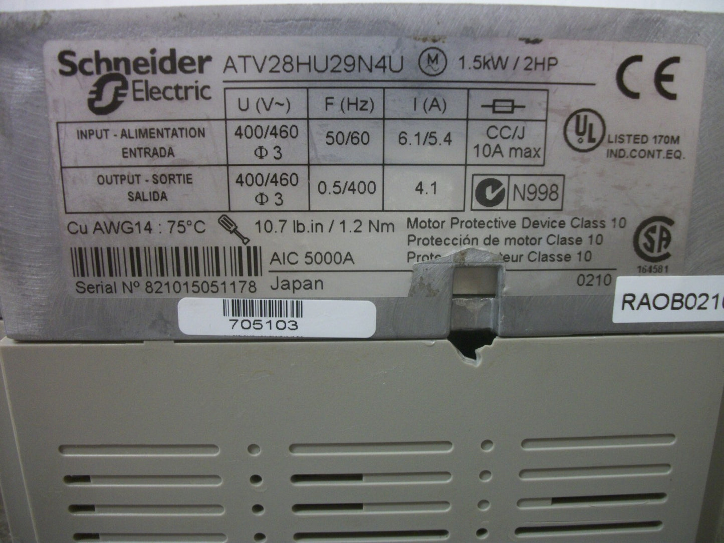 TELEMECANIQUE ALTIVAR 28 2HP ADJ SPEED DRIVE ATV28HU29N4U 460VOLT 3PH