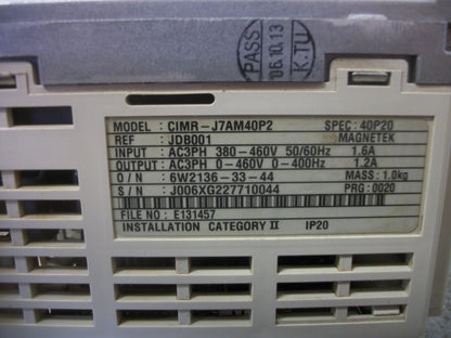 YASKAWA GPD 305/J7 0.2KW INVERTER DRIVE CIMR-J7AM40P2 460VOLT 3PH 1.2AMP