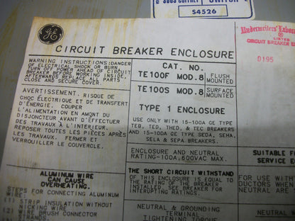 GE CIRCUIT BREAKER ENCLOSURE ONLY TYPE 1 TE100S 100AMP 600VOLT
