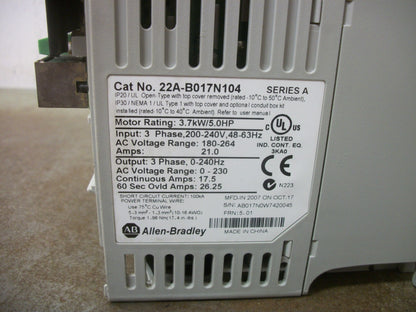ALLEN-BRADLEY POWERFLEX 4 5HP AC DRIVE 22A-B017N104 230VOLT 3PH 17.5AMP NO COVER