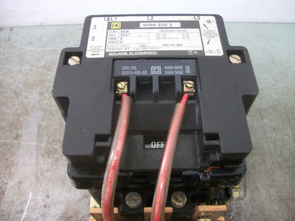 SQUARE D SIZE 3 MOTOR STARTER 8536SEG1 600VCOIL 3PH 600V 50HP