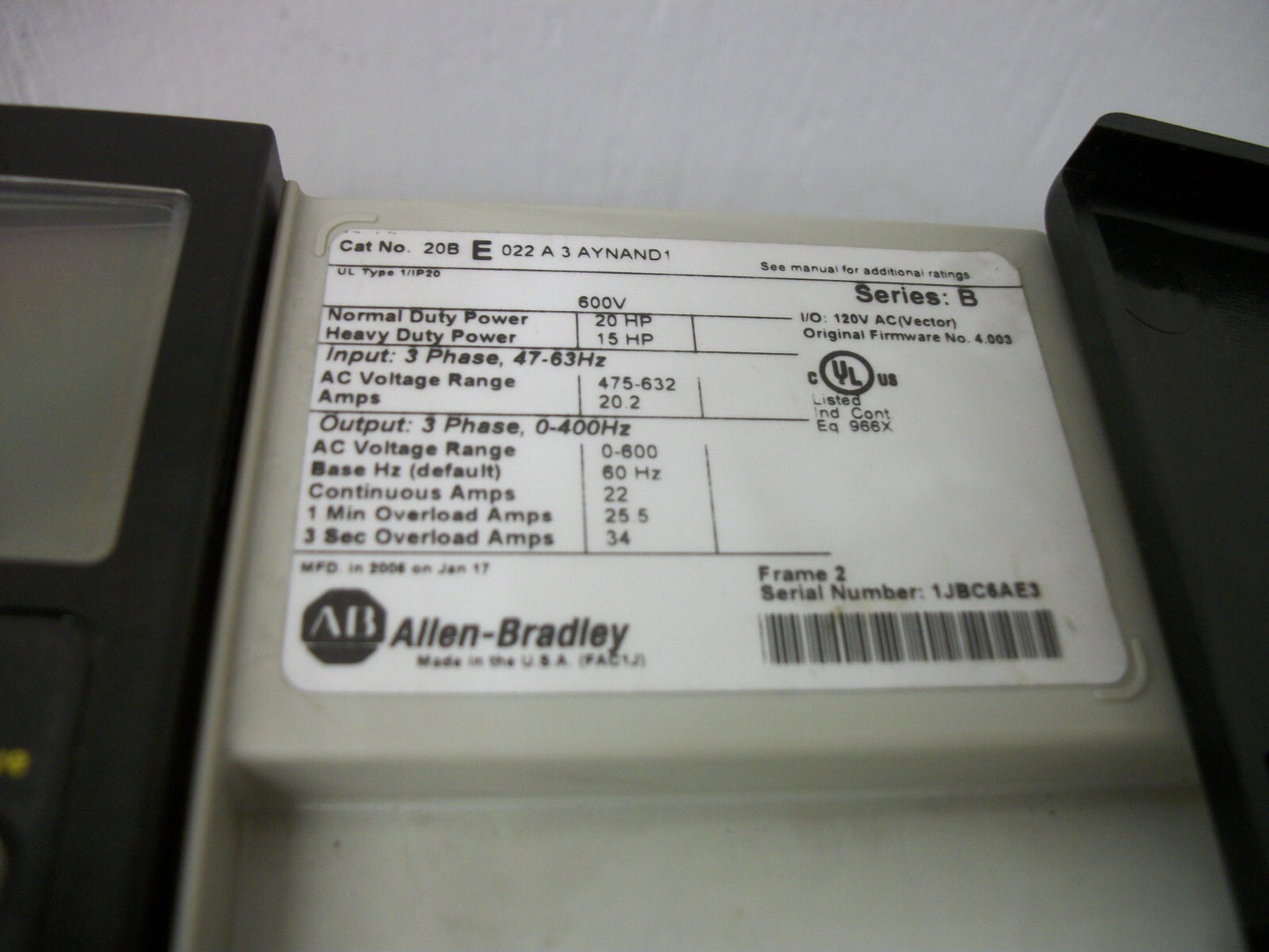 ALLEN-BRADLEY POWERFLEX 700 20HP AC DRIVE 20BE022A3AYNAND1 600VOLT 3PH 22AMP