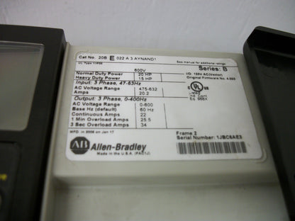 ALLEN-BRADLEY POWERFLEX 700 20HP AC DRIVE 20BE022A3AYNAND1 600VOLT 3PH 22AMP