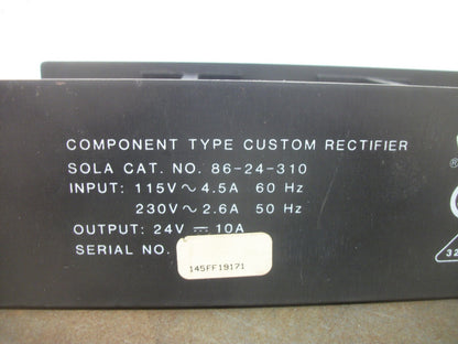 SOLA CUSTOM RECTIFIER POWER SUPPLY UNIT 86-24-310 24VDC 10AMP NOB