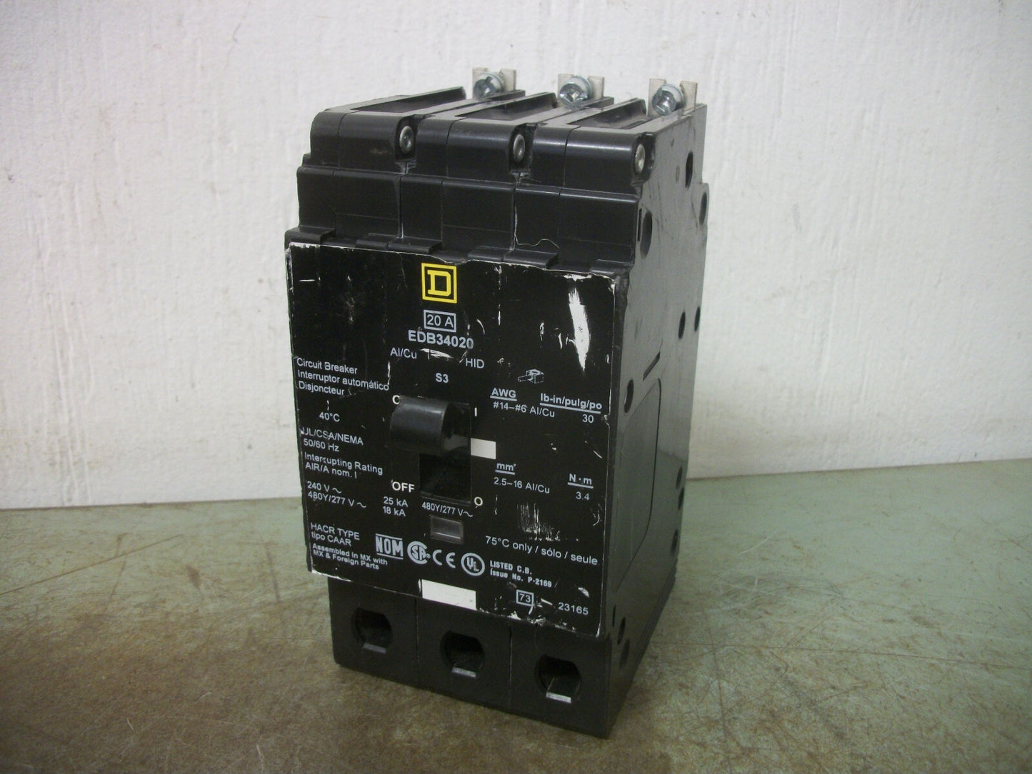 SQUARE D EDB CIRCUIT BREAKER EDB34020 20AMP 480VOLT 3POLE