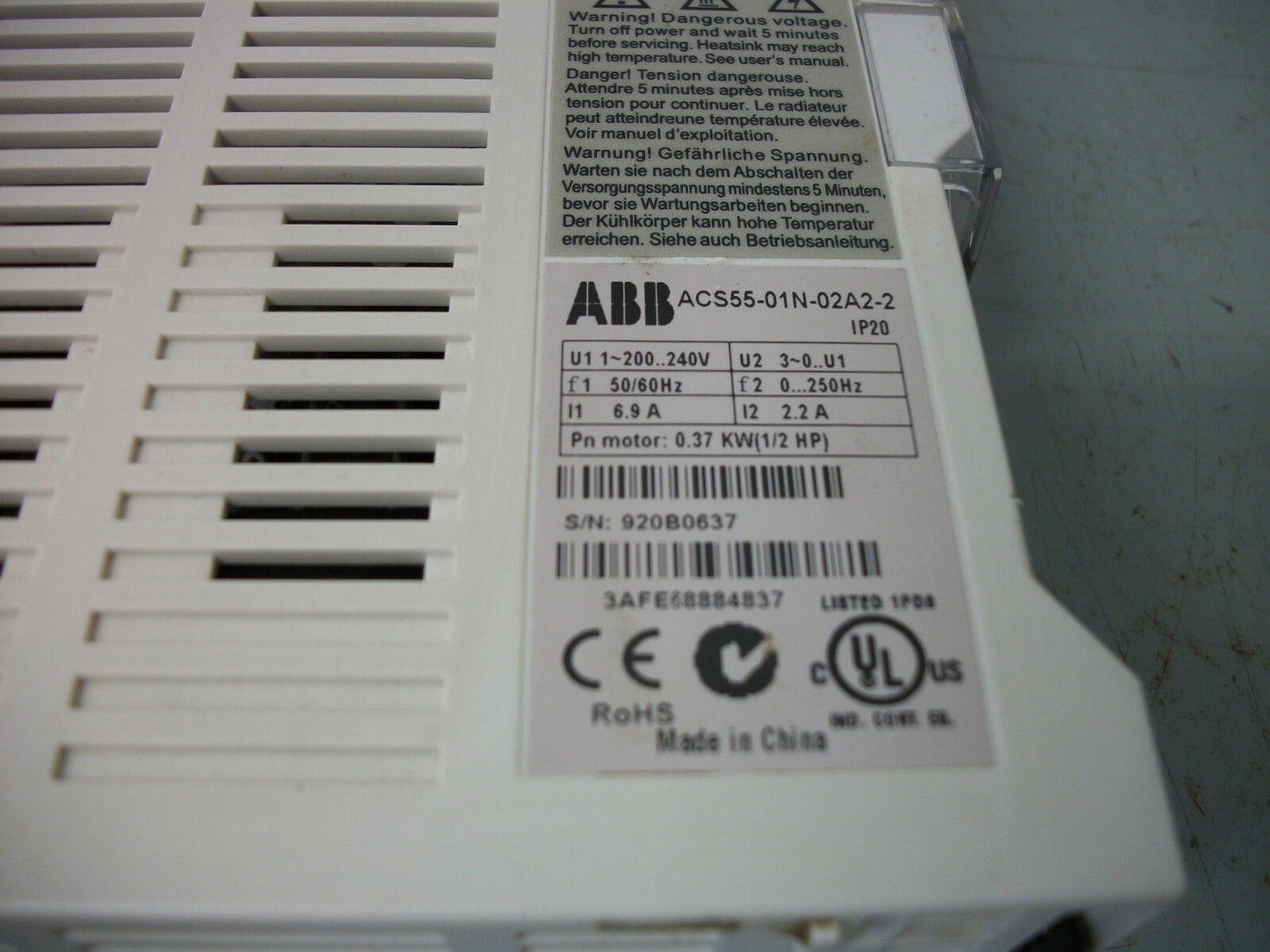 ABB 1/2HP VARIABLE FREQUENCY DRIVE ACS55-01N-02A2-2 240VOLT 3PH 2.2AMP