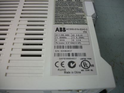ABB 1/2HP VARIABLE FREQUENCY DRIVE ACS55-01N-02A2-2 240VOLT 3PH 2.2AMP