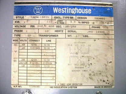 WESTINGHOUSE 3KVA 1PH TRANSFORMER TYPE 3R S20K11S03N HV 240X480 LV 120/240