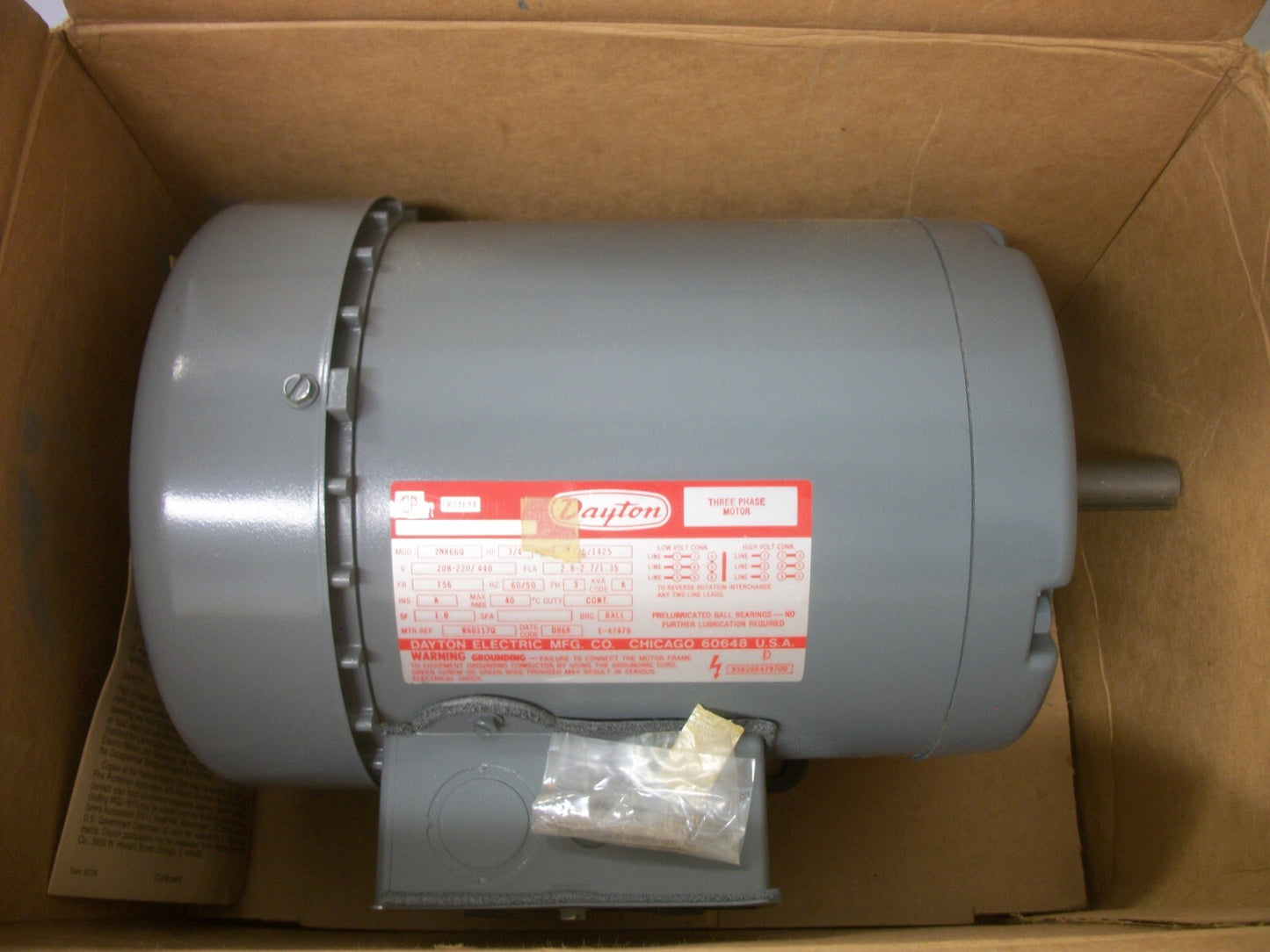 DAYTON 3/4HP F56 TEFC AC MOTOR 2N866Q 440VOLT 3PH 1425RPM NIB