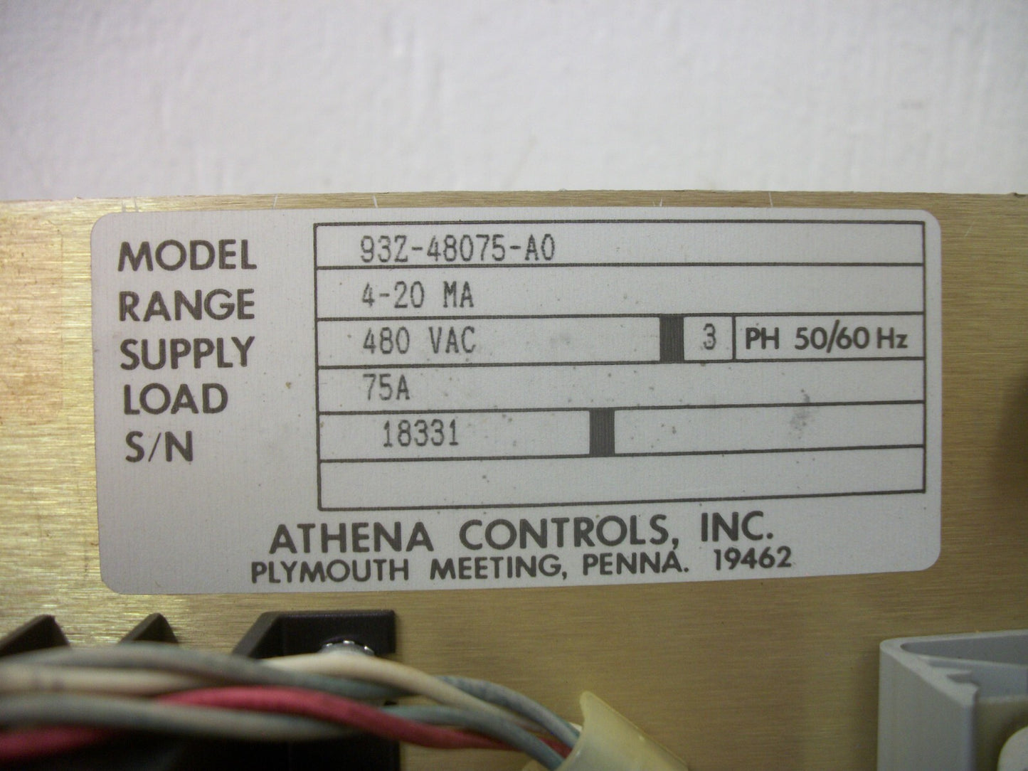 ATHENA TEMPERATURE POWER CONTROLLER 93Z-48075-A0 4-20MA 480VOLT 3PH 75AMP
