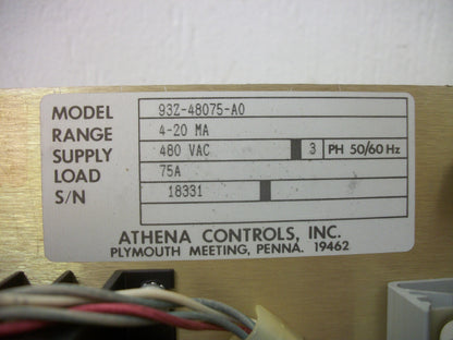ATHENA TEMPERATURE POWER CONTROLLER 93Z-48075-A0 4-20MA 480VOLT 3PH 75AMP